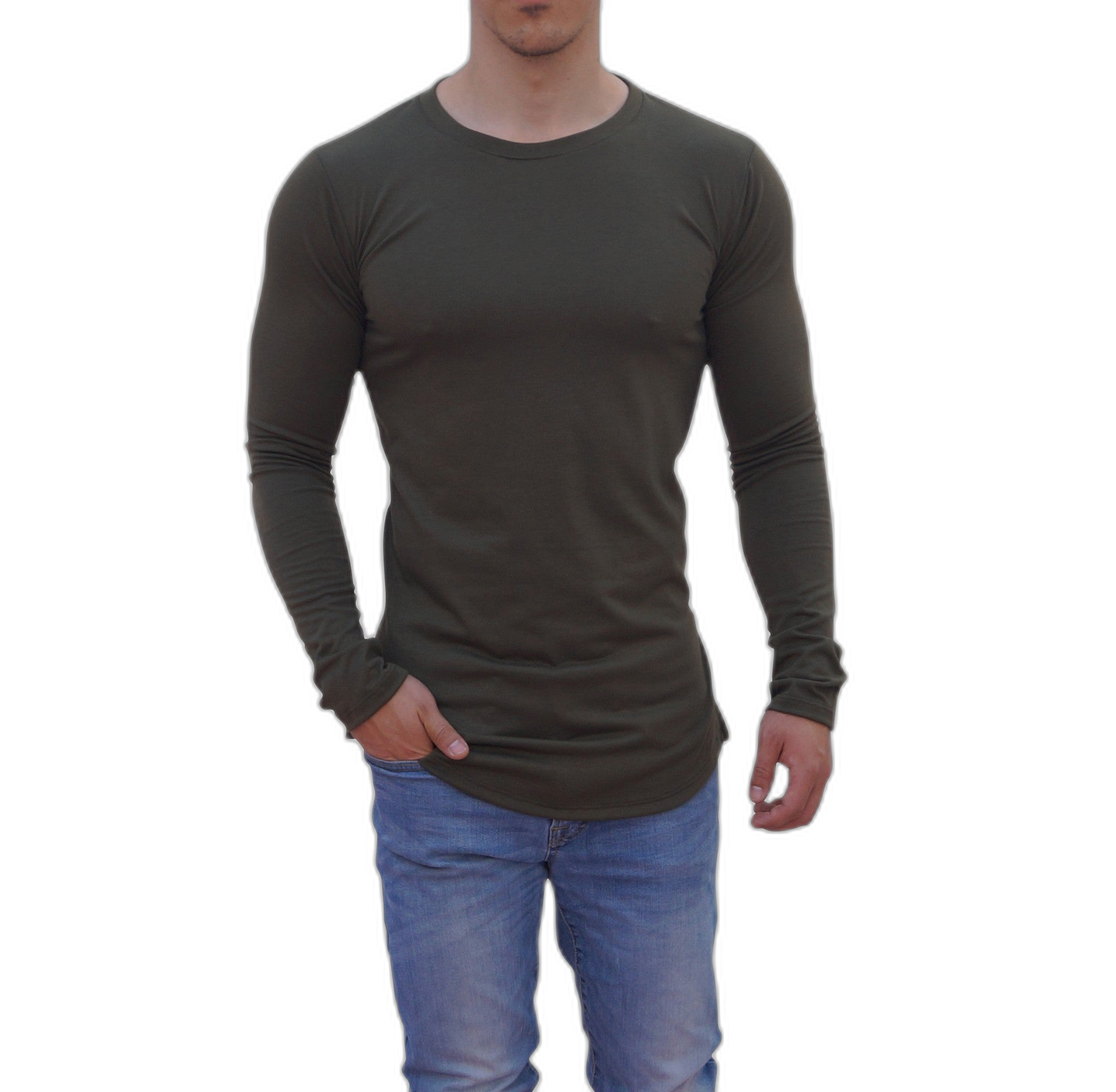 Playera Manga Larga Cuello Redondo Olivo Con Abertura