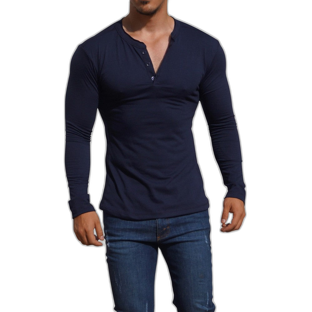 Playera Henley Manga Larga Marino