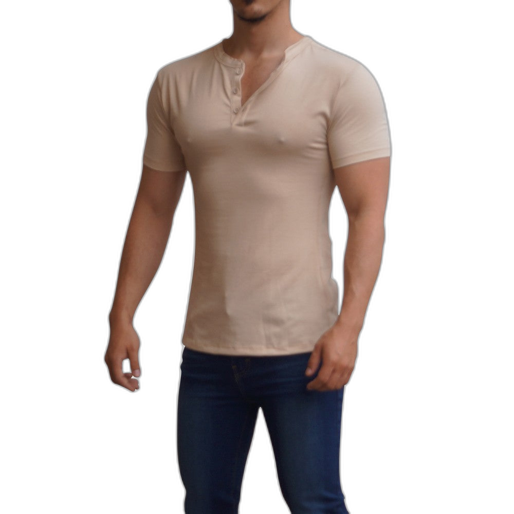 Playera Henley Manga Corta Beige