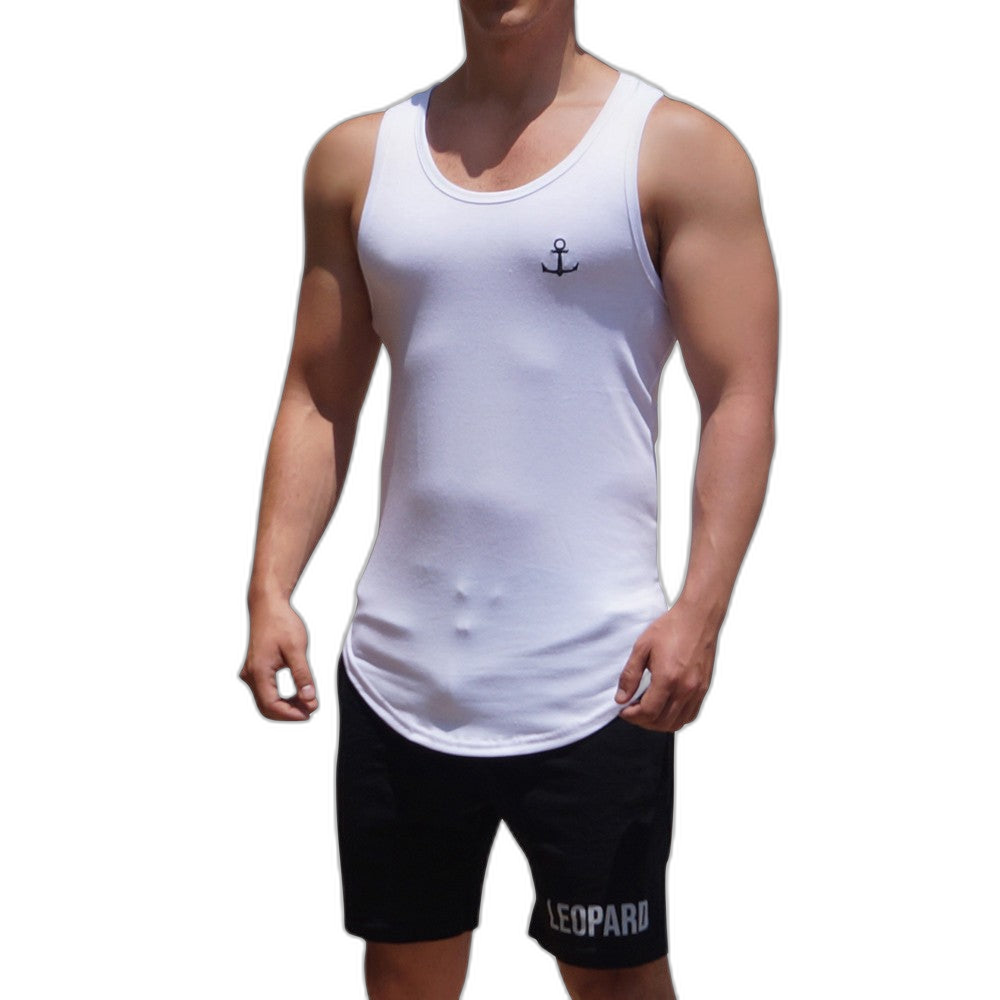 Gym Core Tank Blanca Ancla Negra Bordada