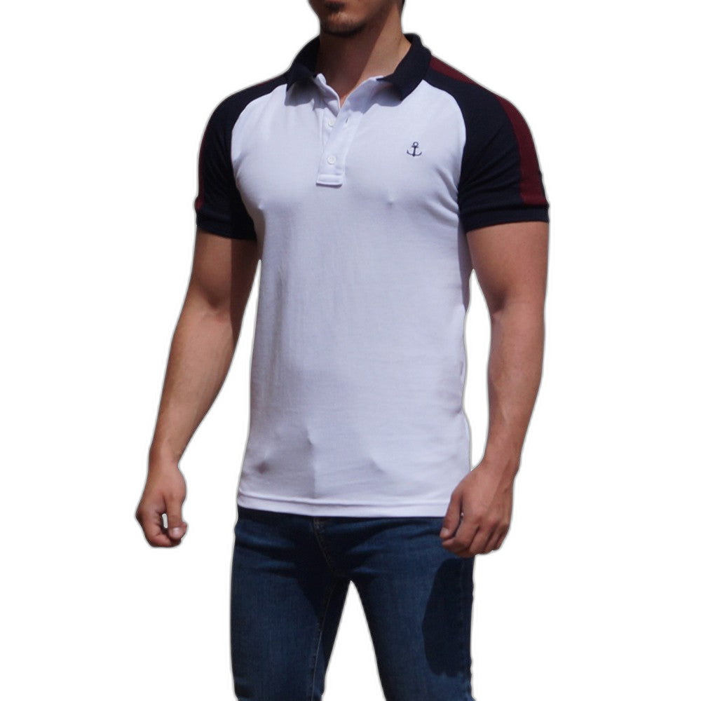 Polo Ranglan Blanca Mangas Marino Logo Marino