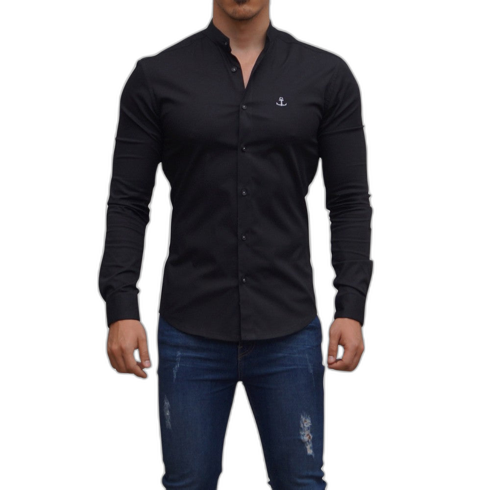 Camisa Negra Cuello Mao Manga Larga Negro