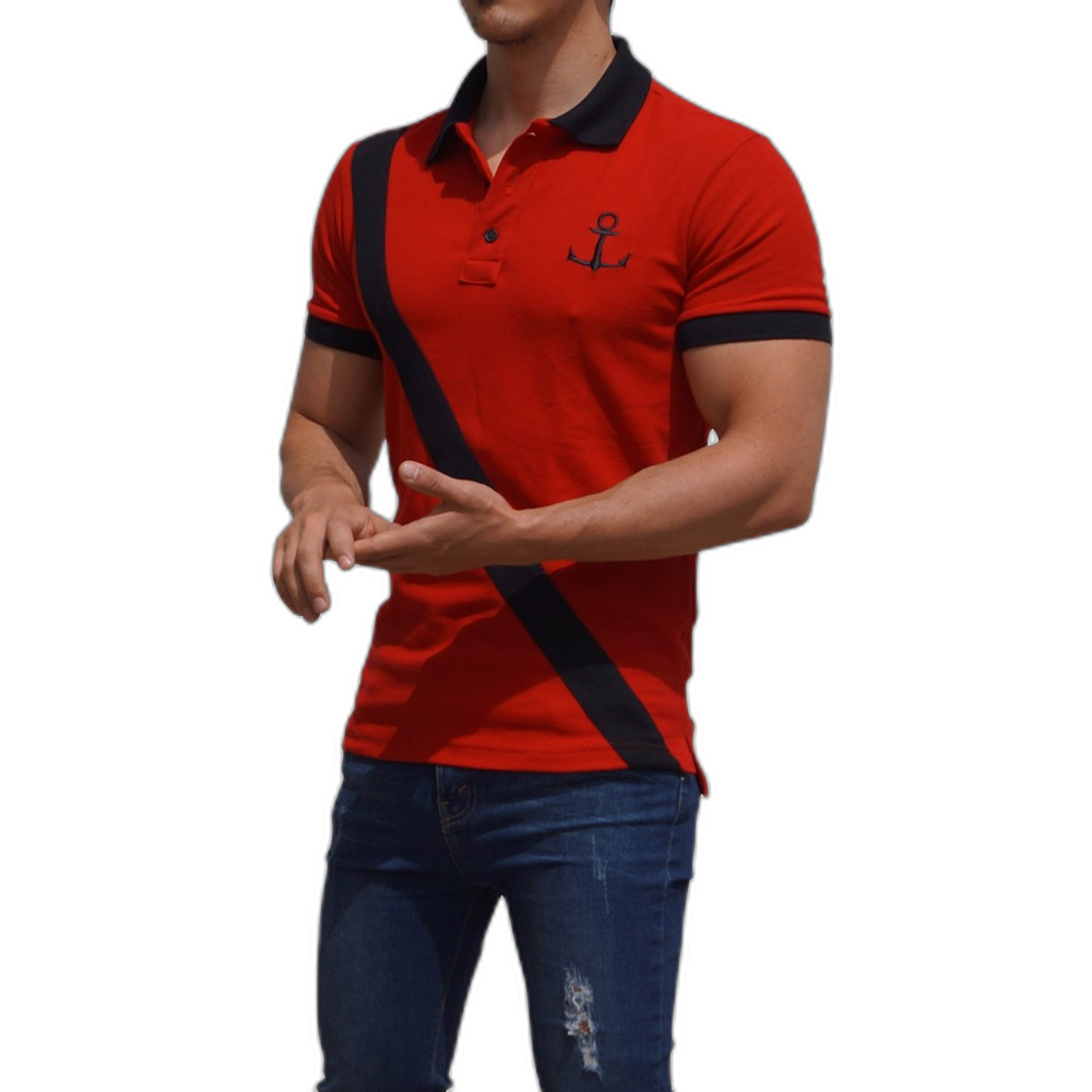 Polo Rojo Mangas Rojo Franja Negra Logo Negro