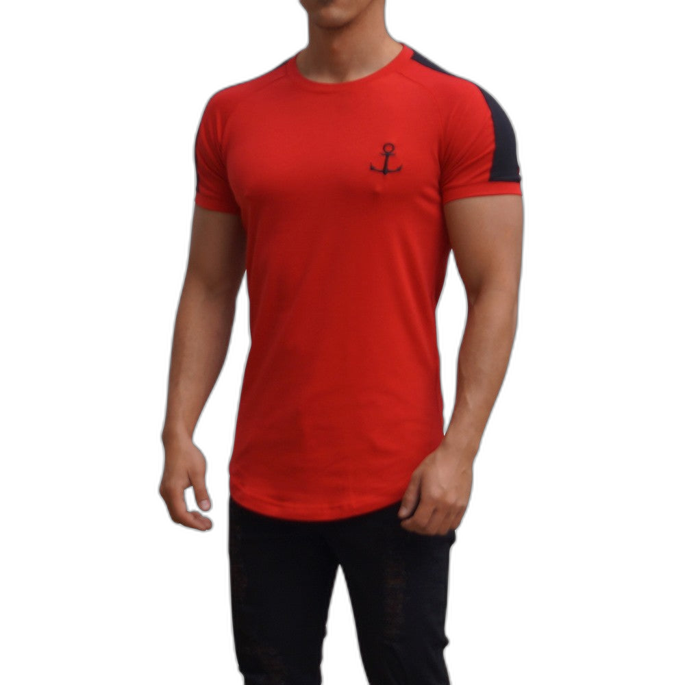 Playera Ranglan Roja Manga Corta Franja Negra