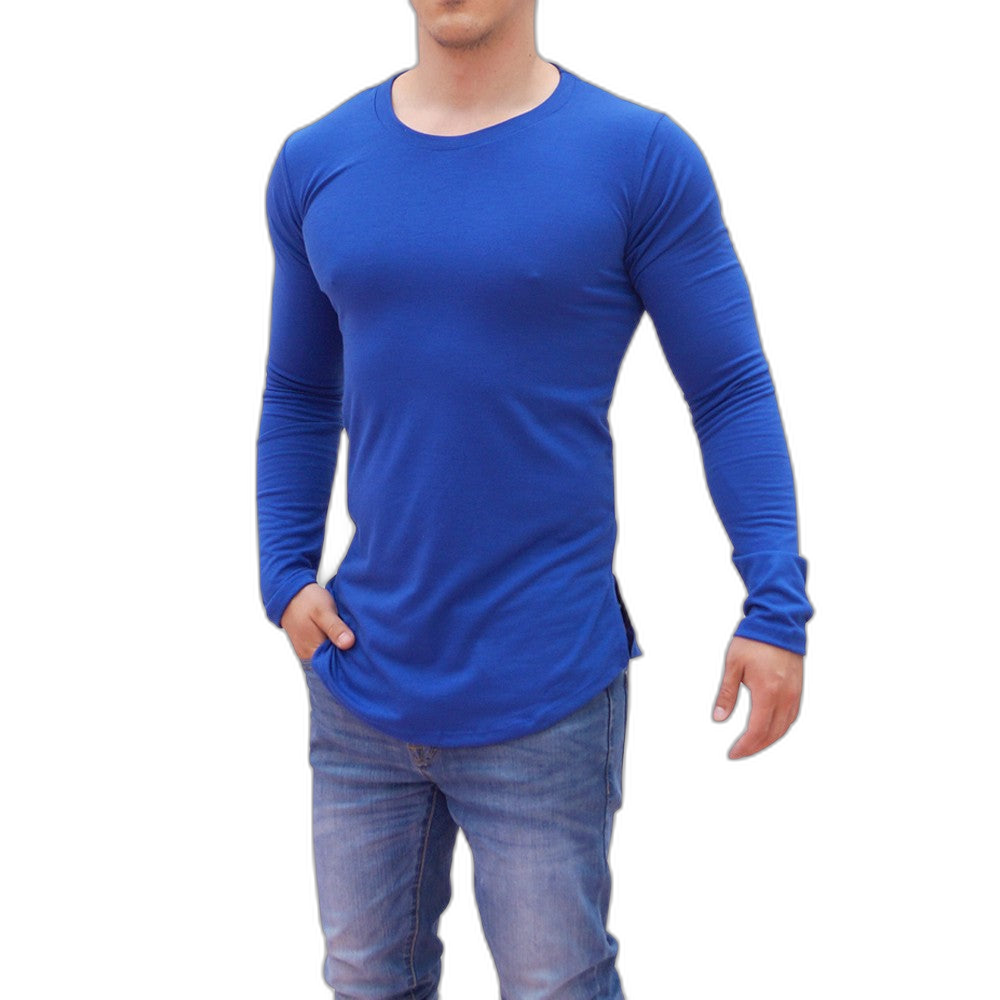 Playera Manga Larga Cuello Redondo Azul Rey Con Abertura