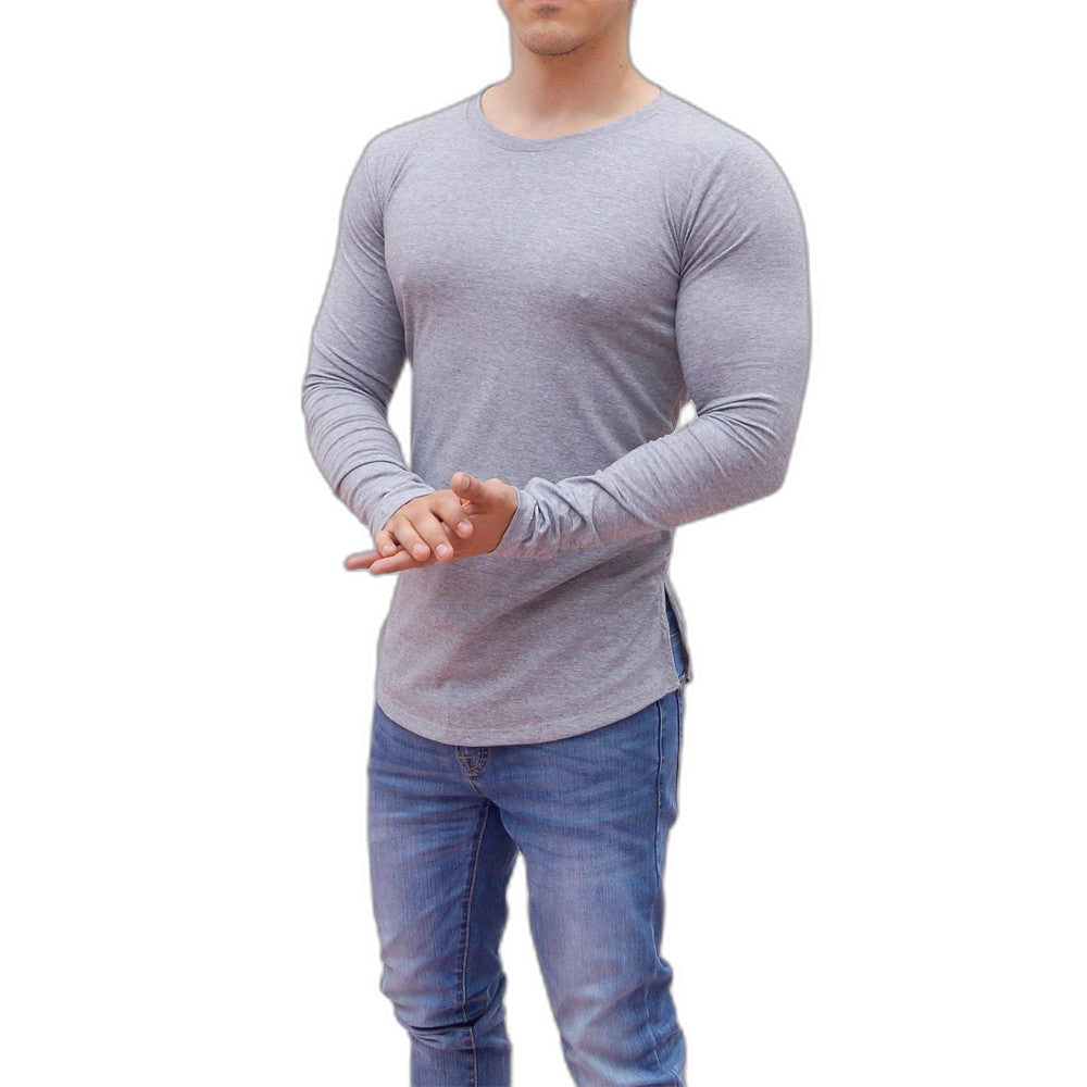 Playera Manga Larga Cuello Redondo Gris Claro Con Abertura