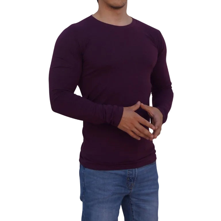Wine Long Sleeve Round Neck T-shirt With Opening