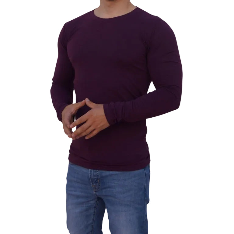 Wine Long Sleeve Round Neck T-shirt With Opening