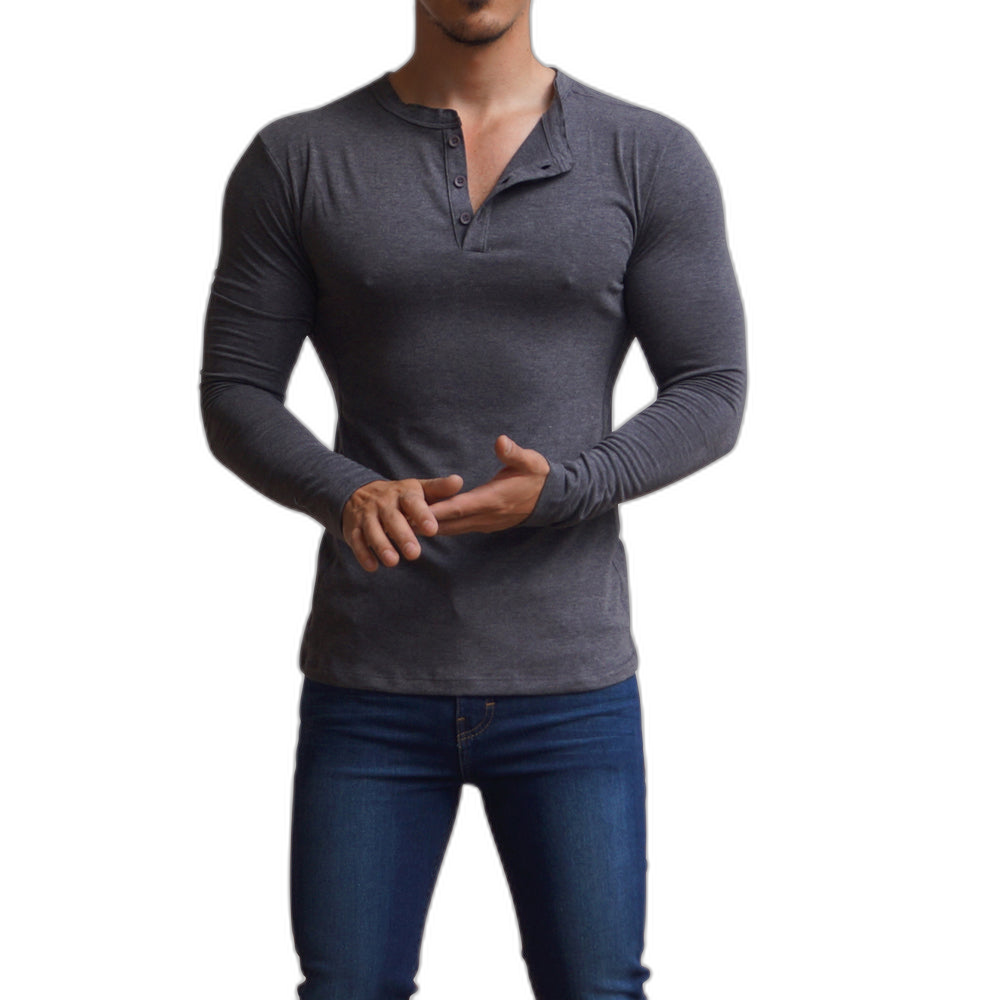 Playera Henley Manga Larga Gris Oxford