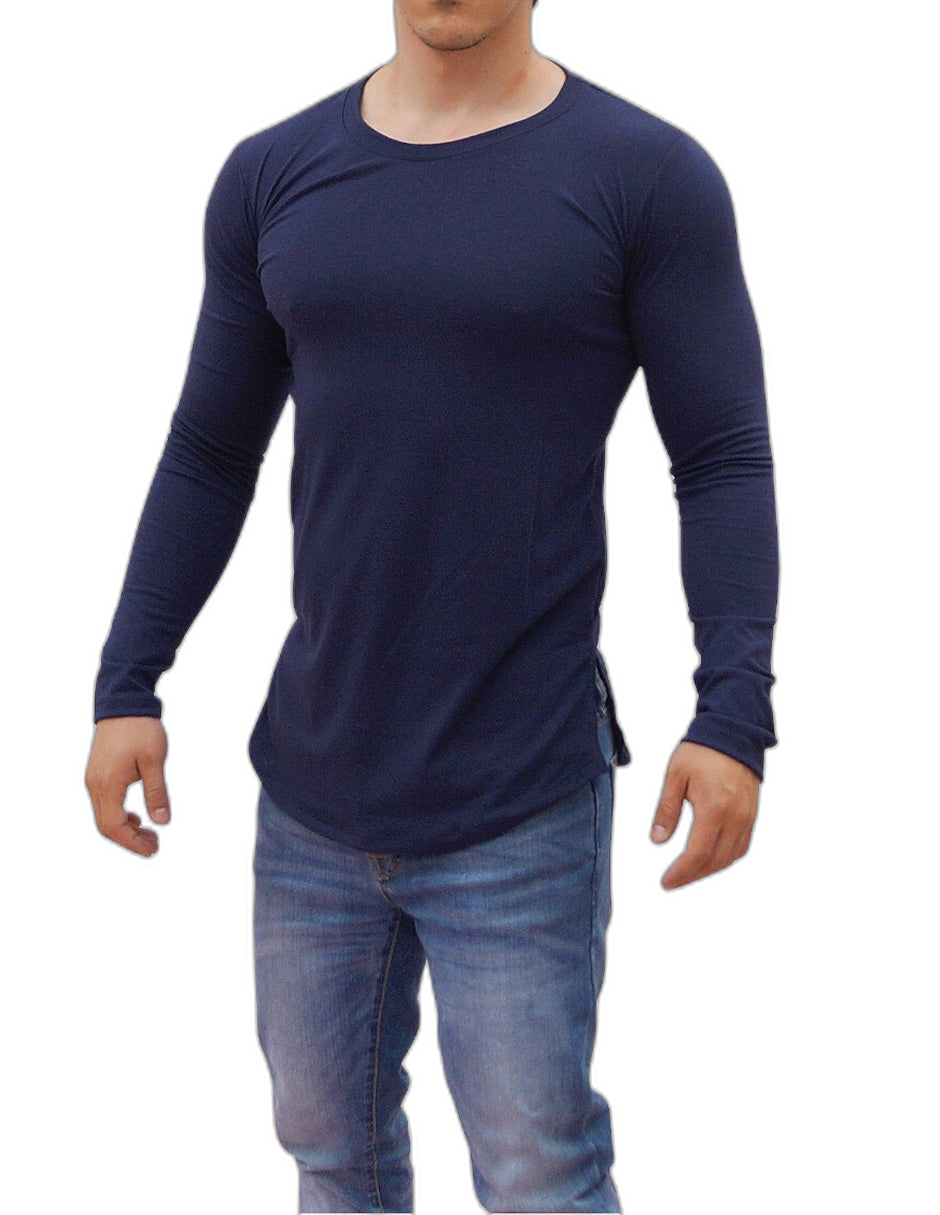Playera Manga Larga Cuello Redondo Azul Marino Con Abertura