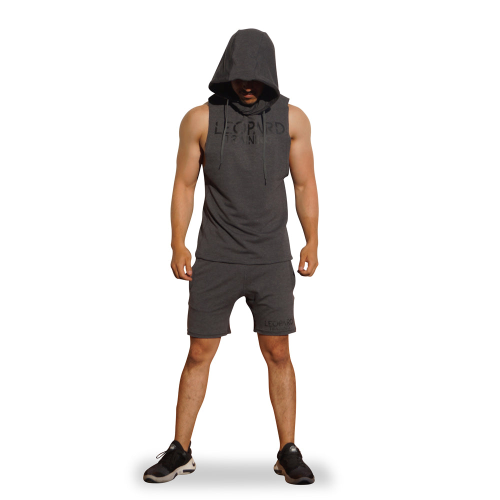 Gym Sleeveless Hoodie Gray Oxford Logo Stripes Black