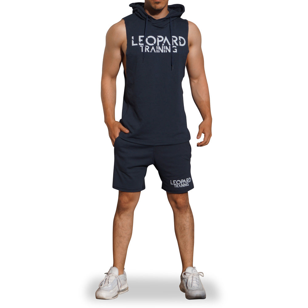 Gym Sleeveless Hoodie Navy Blue Logo Stripes White