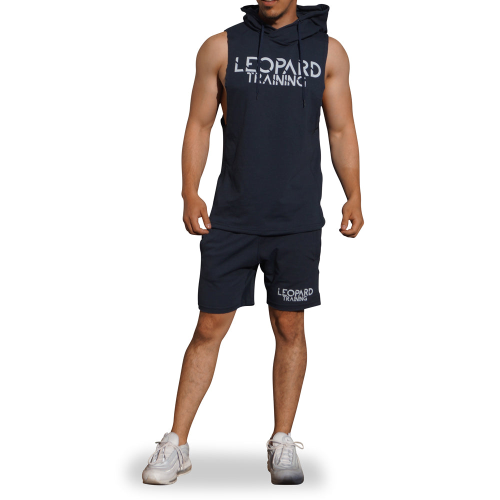 Gym Sleeveless Hoodie Navy Blue Logo Stripes White