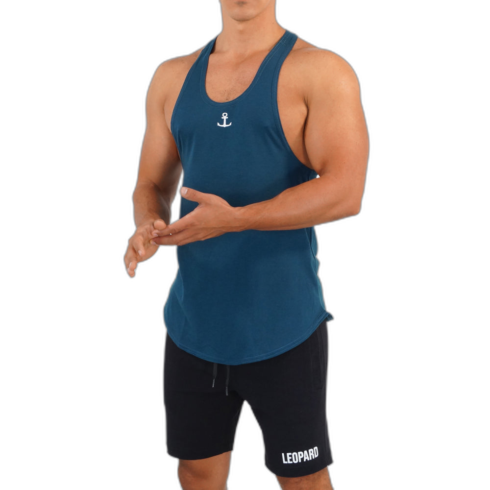 Gym Stringer Tank Verde Petroleo Ancla Blanca