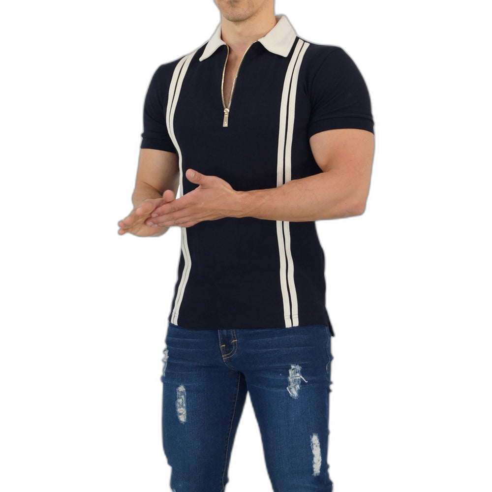 Zipped Polo Manga Corta Navy Cream Stripes