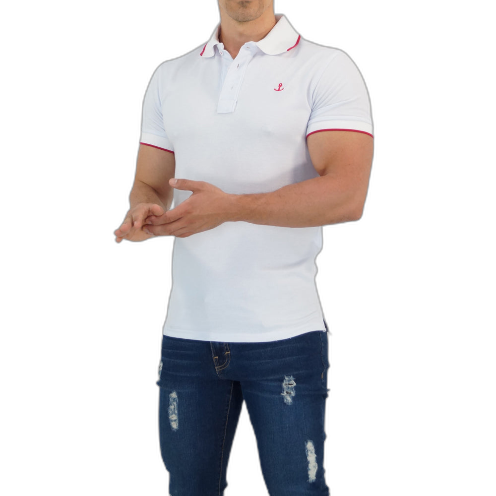 Playera Polo Blanco Mangas Blanco Logo Fucsia