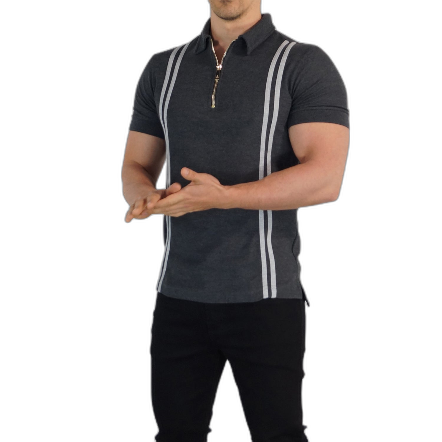 Zipped Polo Manga Corta Oxford Gray Stripes