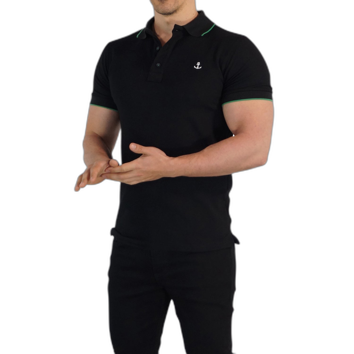 Polo Negro Mangas Negro Filo Blanco Logo Verde