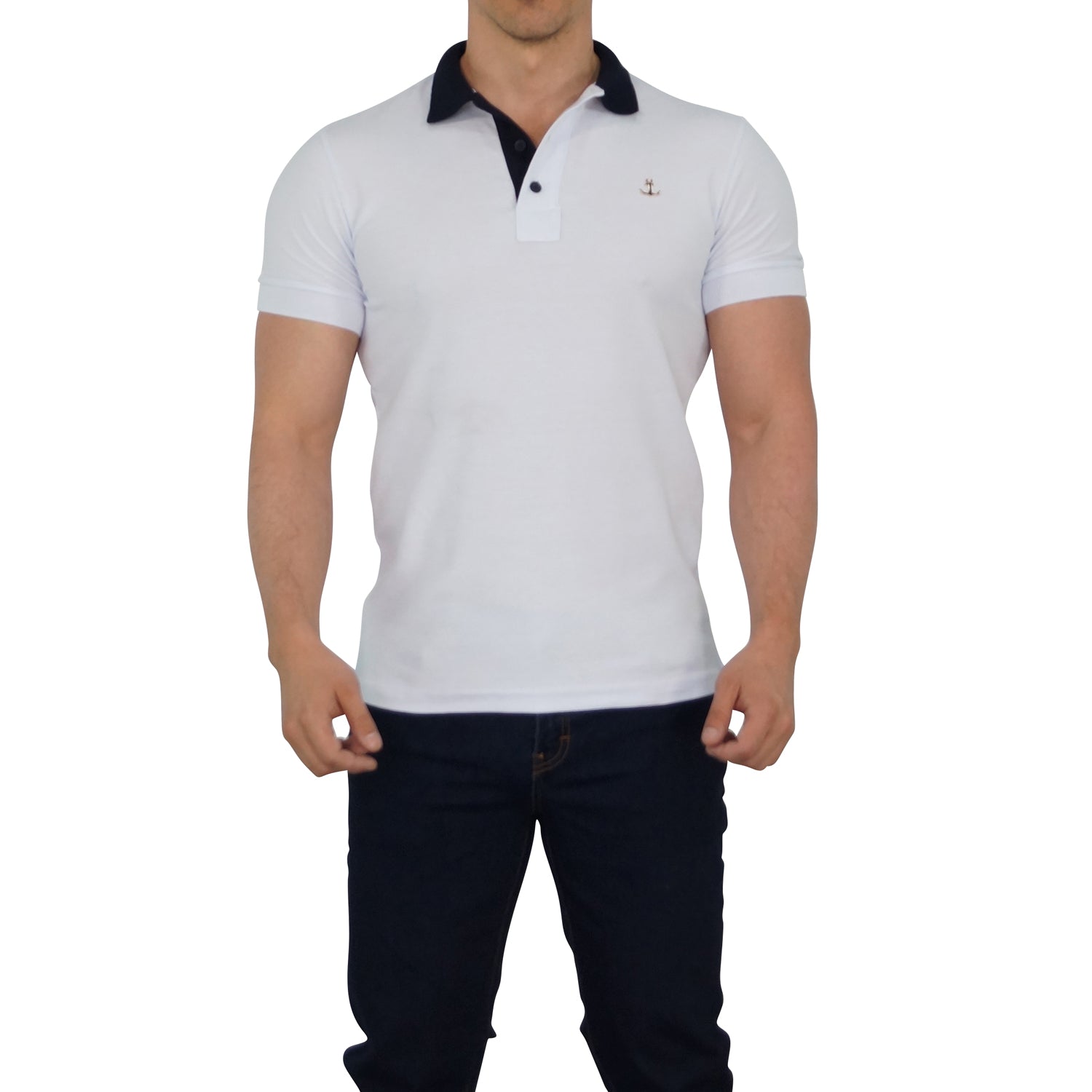 White Polo Navy Collar Metal Emblem
