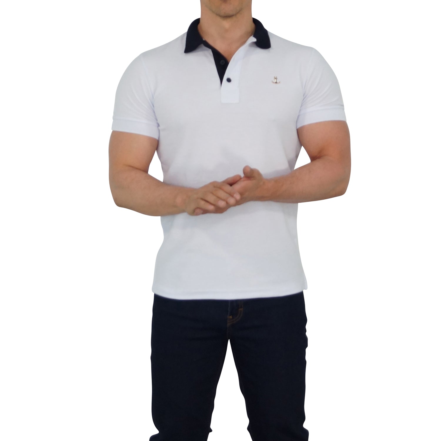 White Polo Navy Collar Metal Emblem