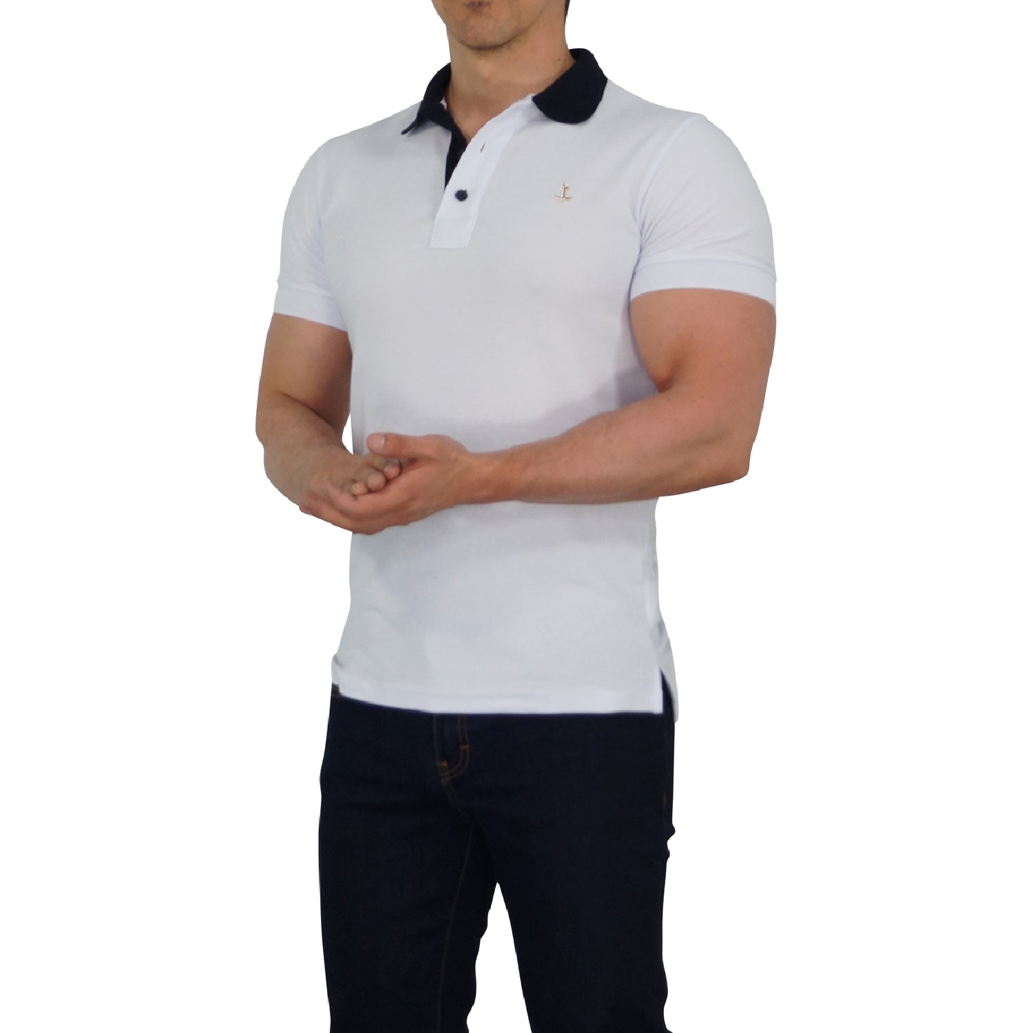 White Polo Navy Collar Metal Emblem