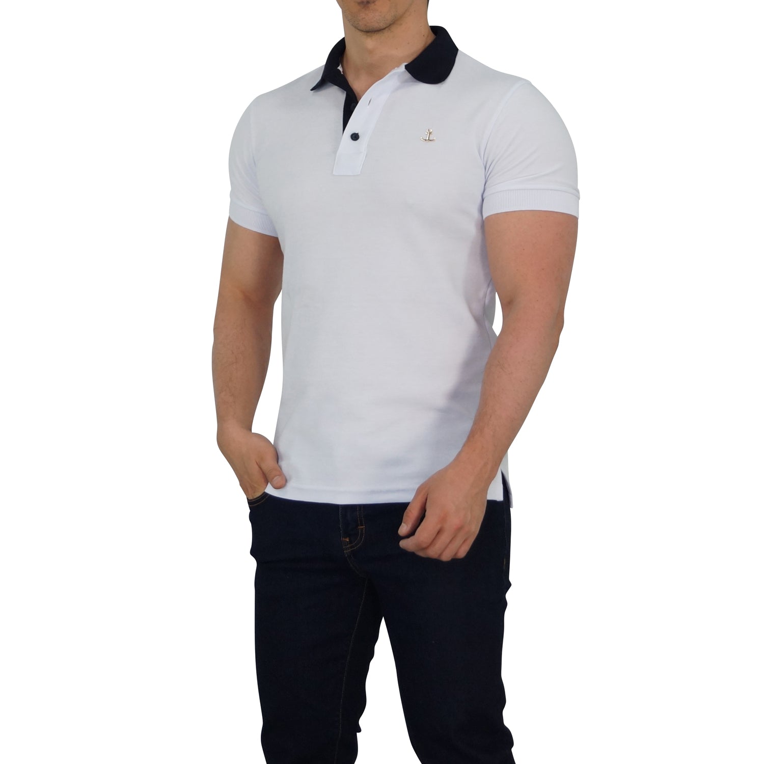 White Polo Navy Collar Metal Emblem