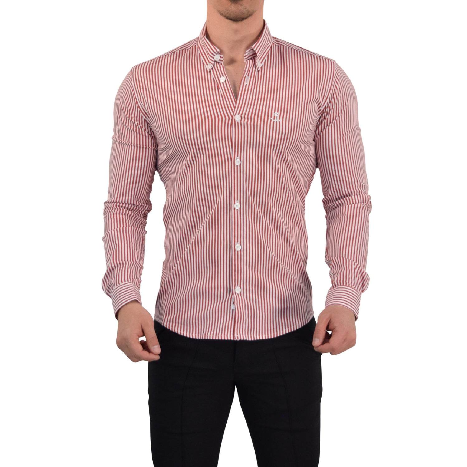 Camisa Slim Stripe Shirt Red Wine Button Down