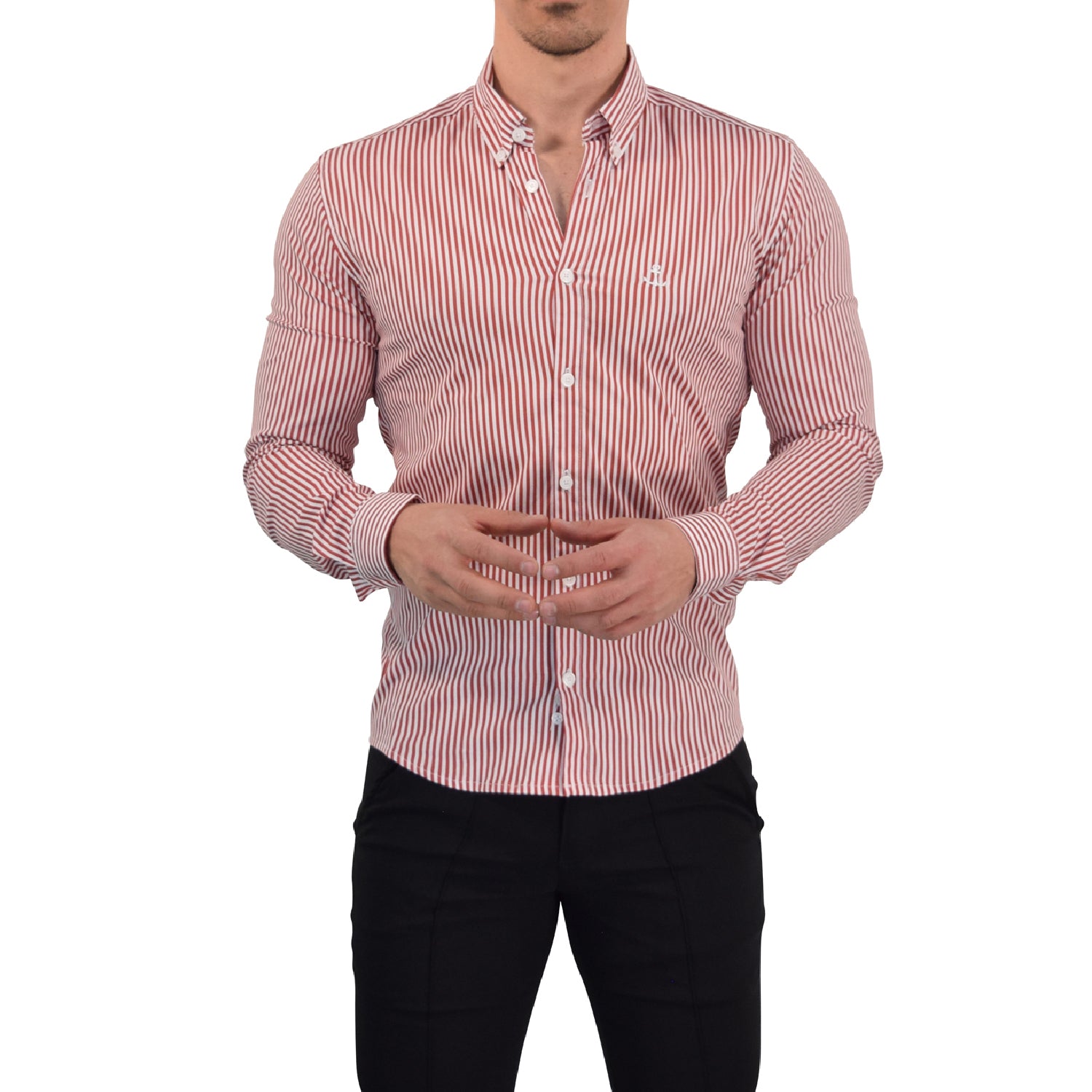 Camisa Slim Stripe Shirt Red Wine Button Down