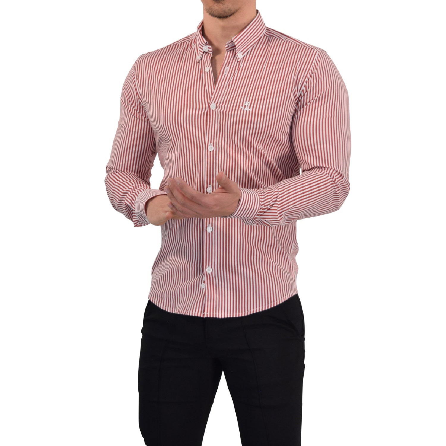 Camisa Slim Stripe Shirt Red Wine Button Down