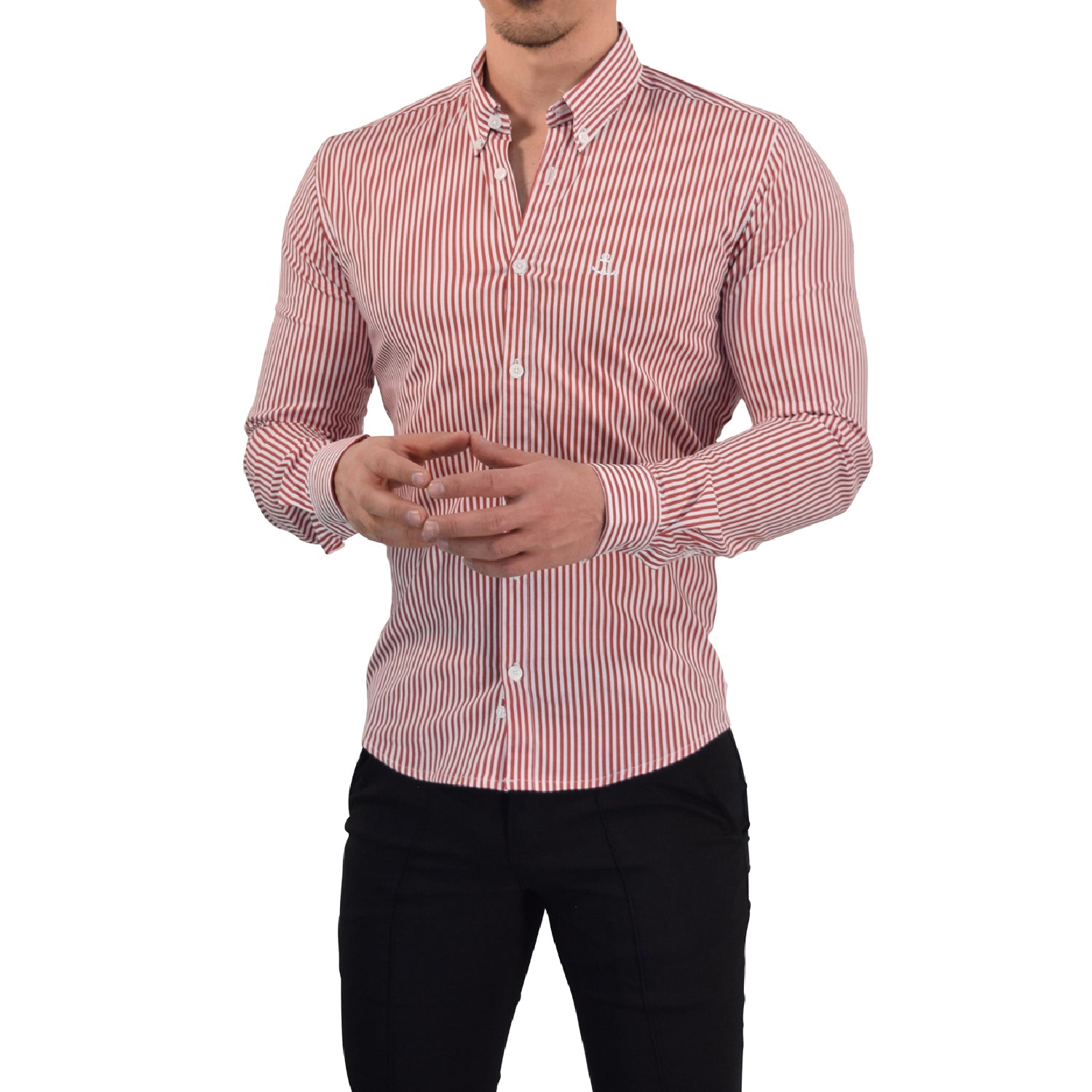 Camisa Slim Stripe Shirt Red Wine Button Down