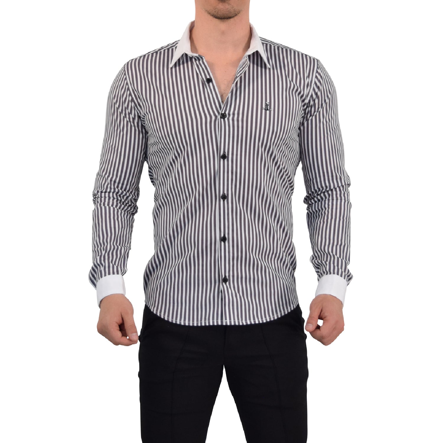Camisa Slim White Collar Stripe Shirt Black