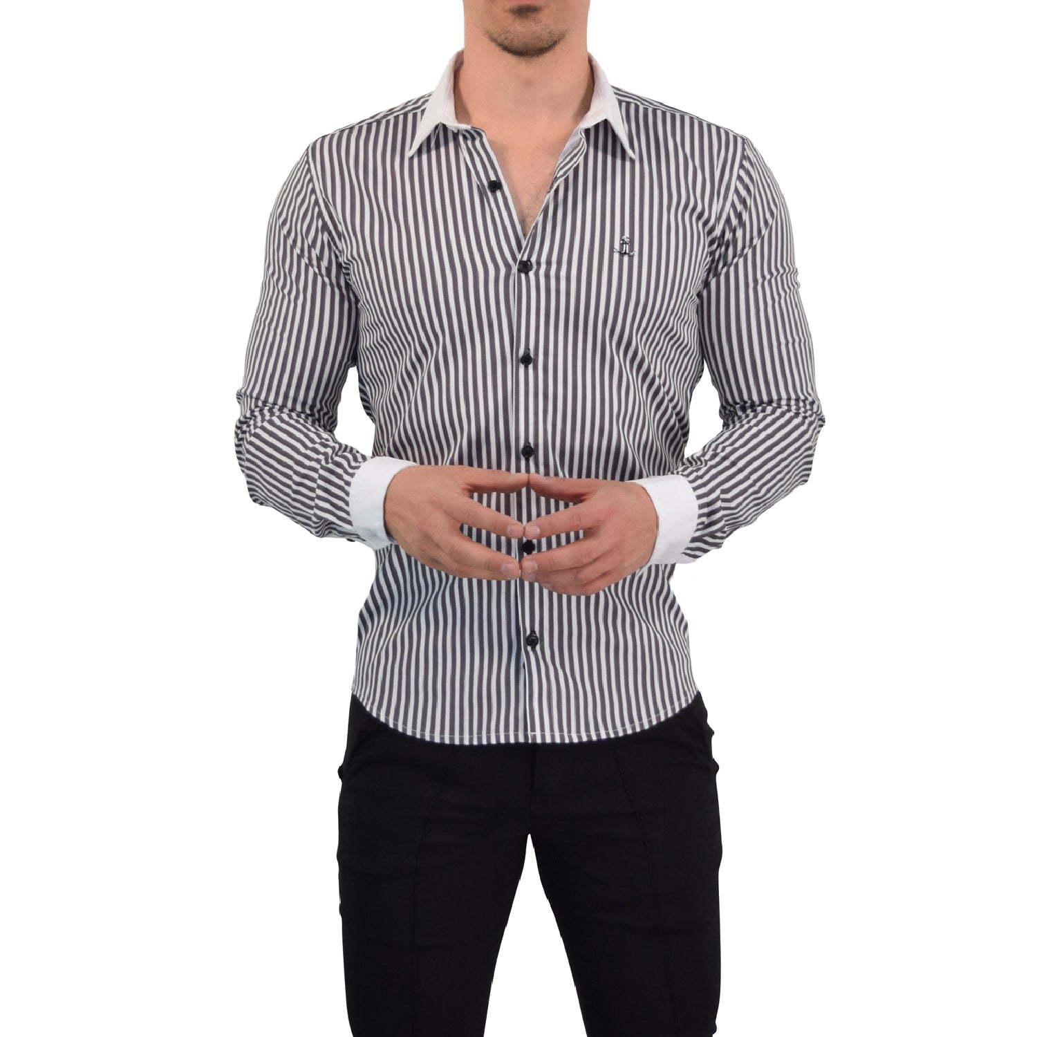 Camisa Slim White Collar Stripe Shirt Black
