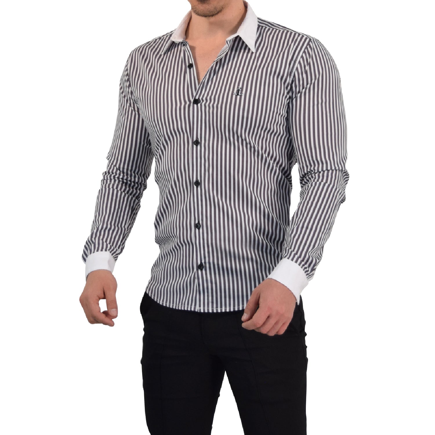 Camisa Slim White Collar Stripe Shirt Black