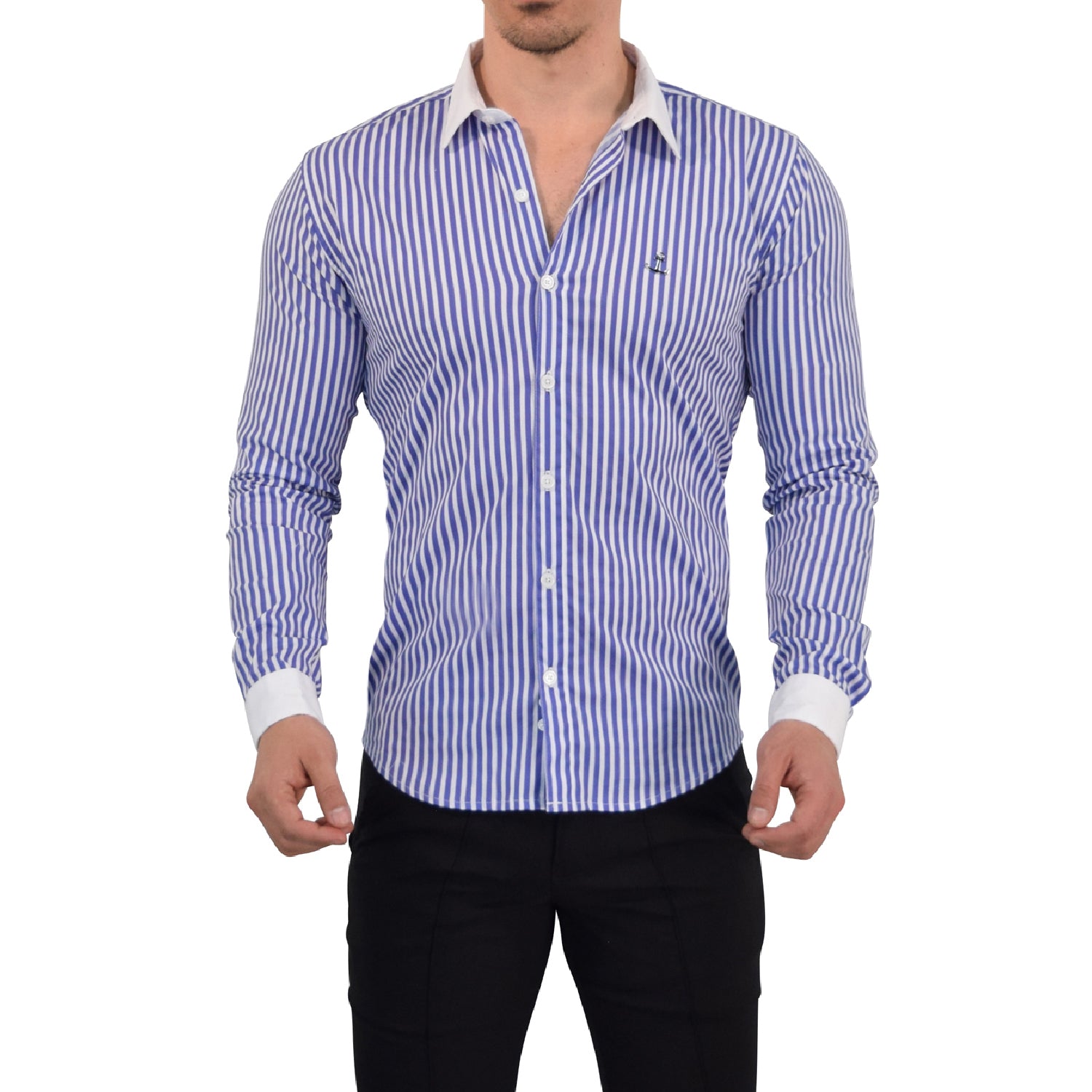 Camisa Slim White Collar Stripe Shirt Royal