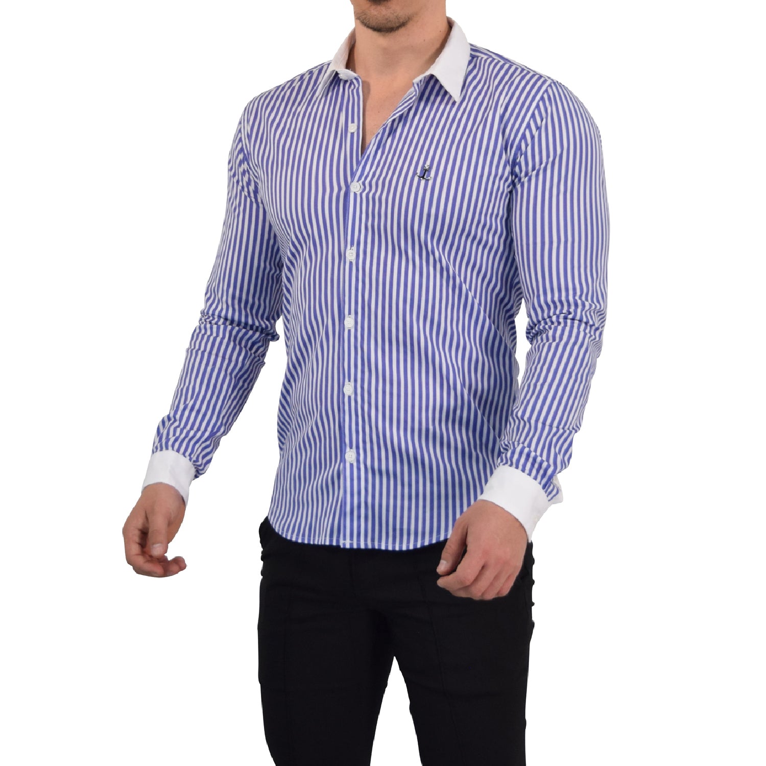 Camisa Slim White Collar Stripe Shirt Royal