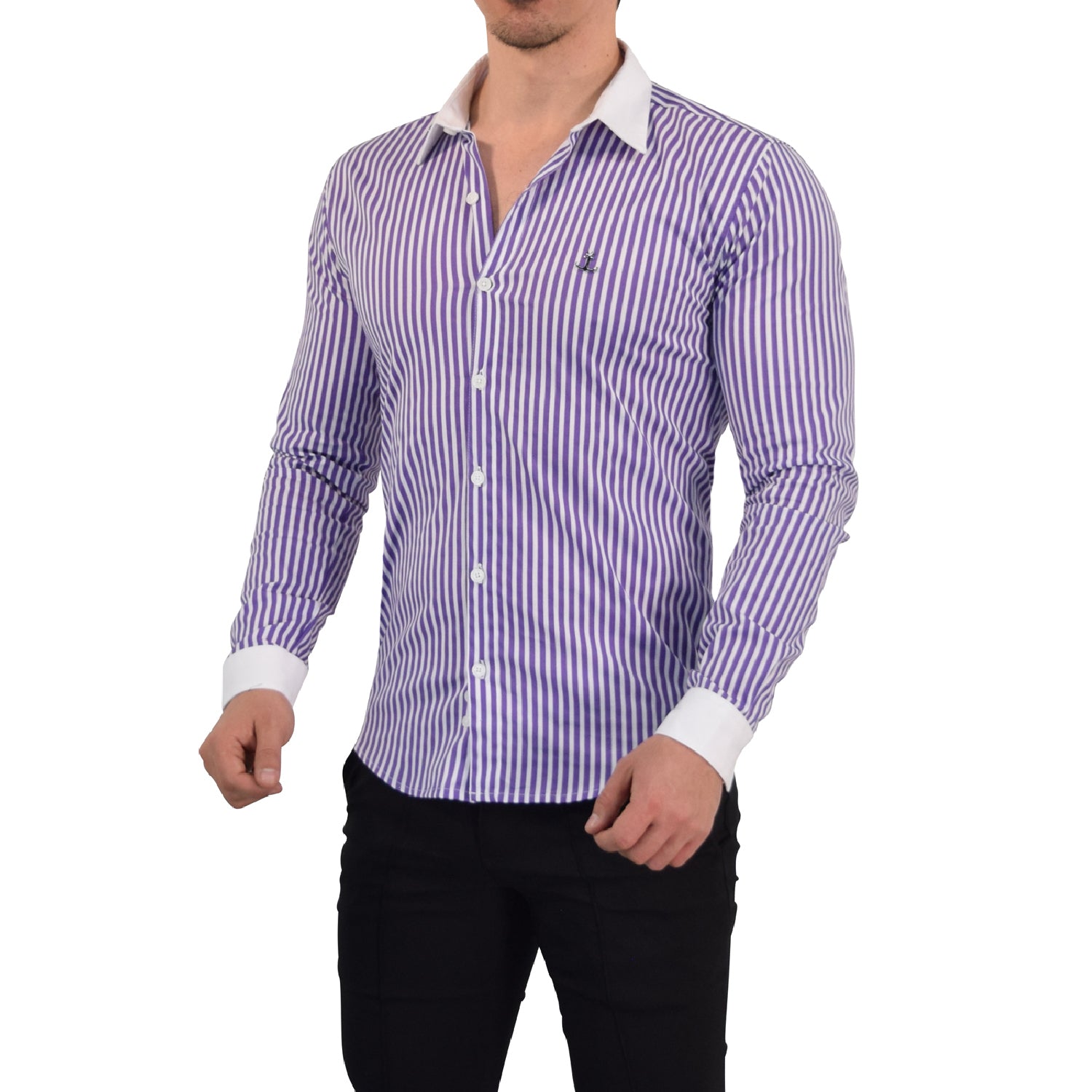 Camisa Slim White Collar Stripe Shirt Dark Magenta
