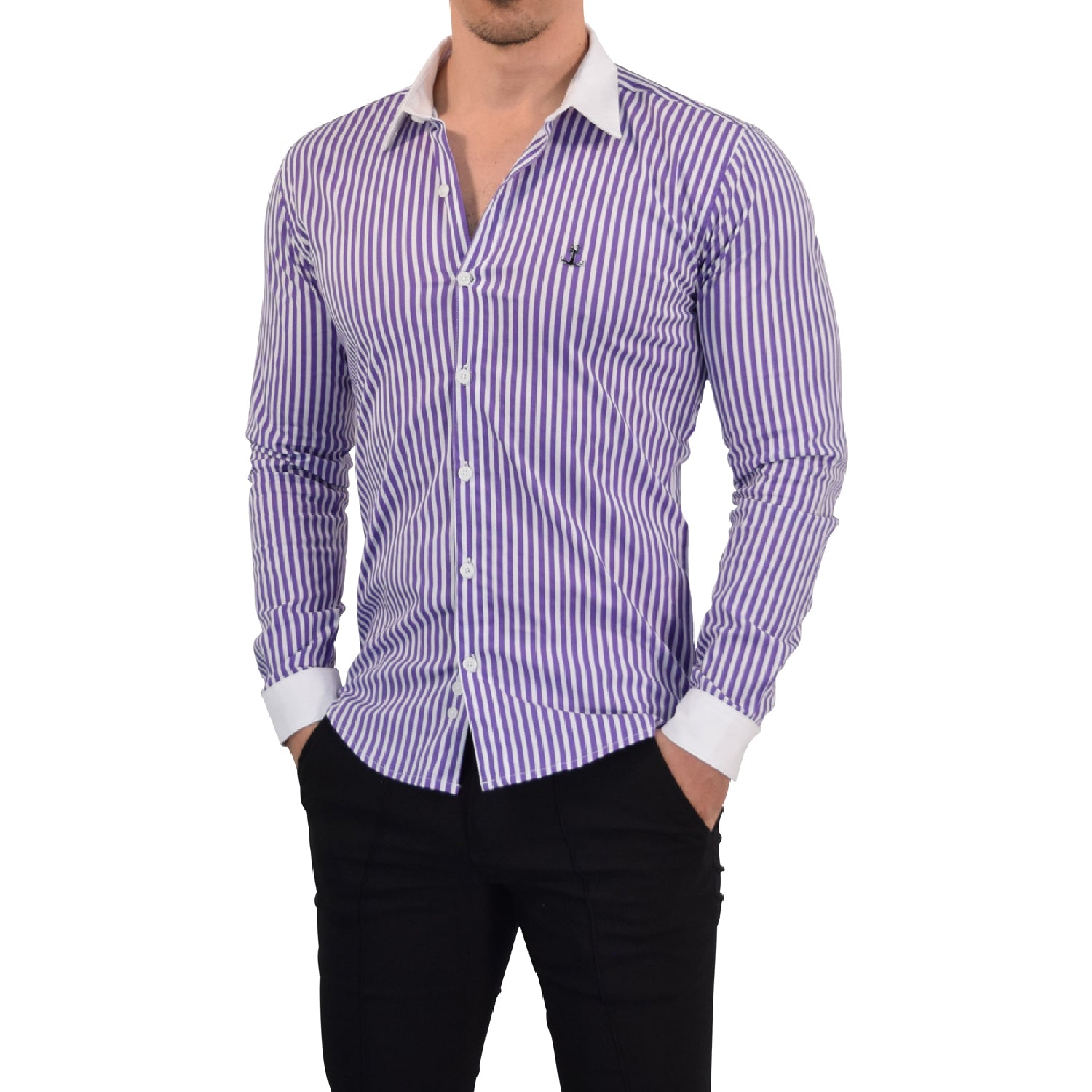 Camisa Slim White Collar Stripe Shirt Dark Magenta