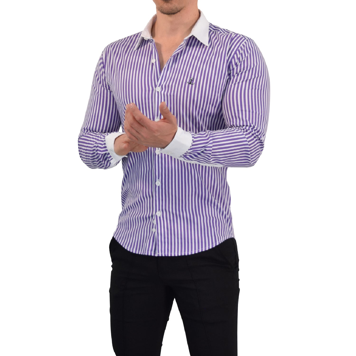 Camisa Slim White Collar Stripe Shirt Dark Magenta