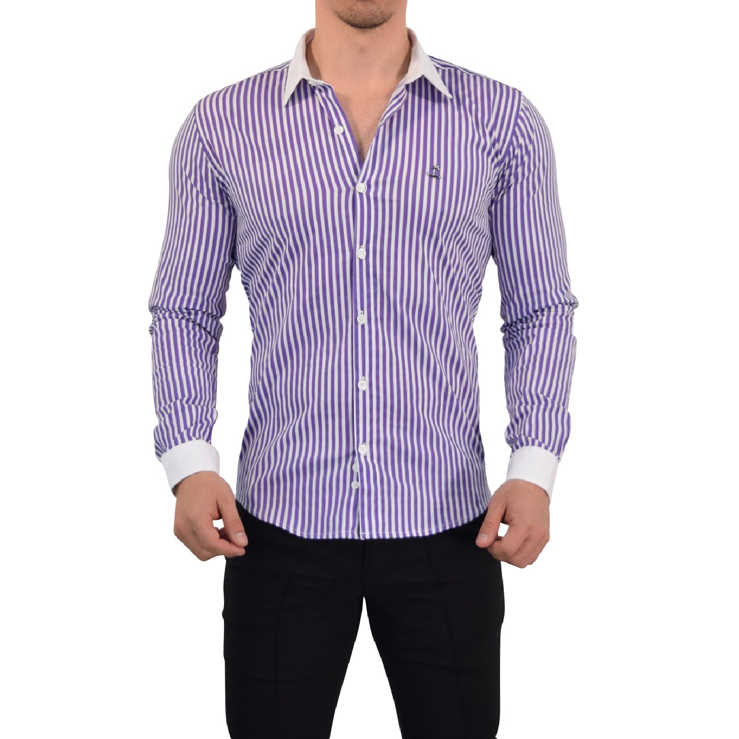 Camisa Slim White Collar Stripe Shirt Dark Magenta