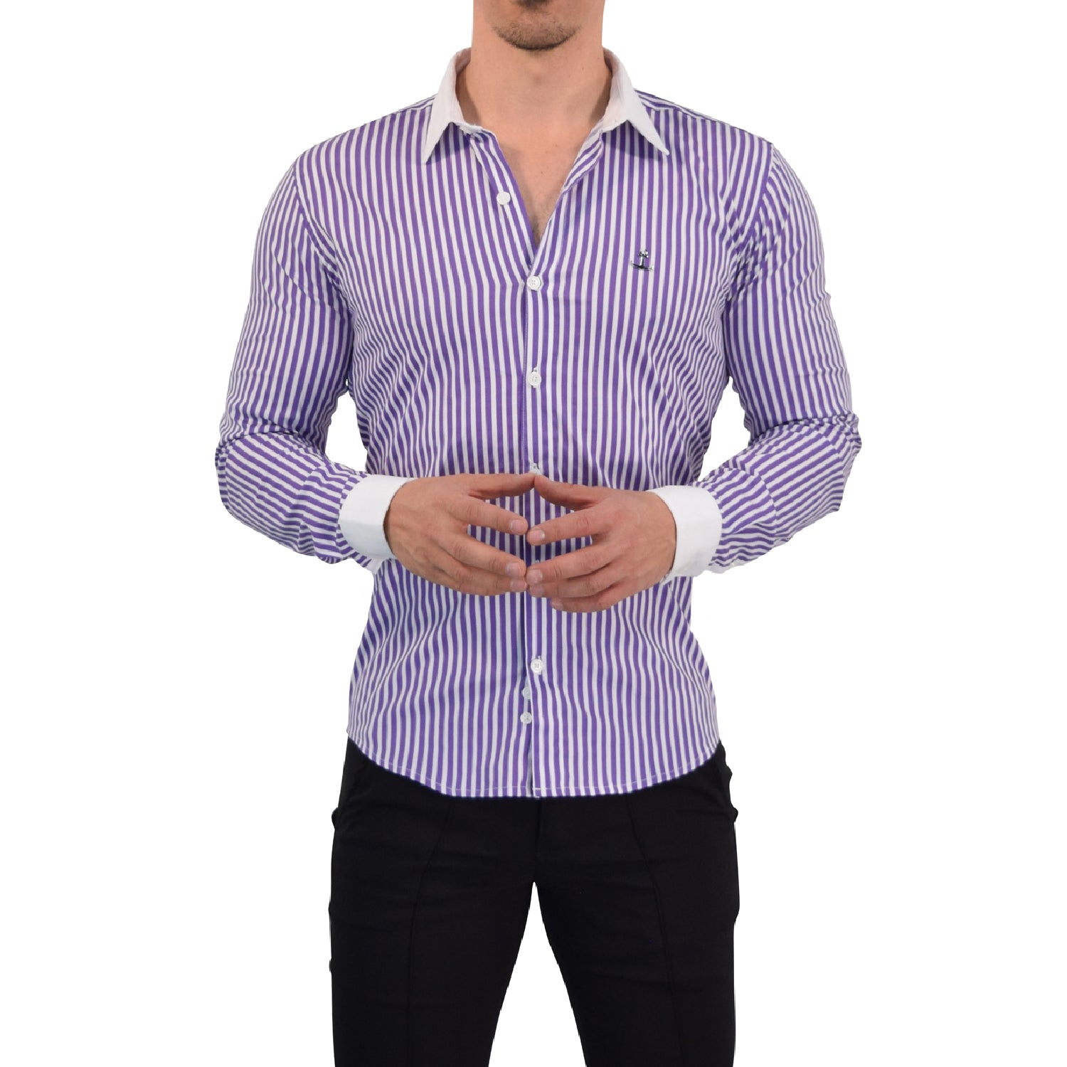 Camisa Slim White Collar Stripe Shirt Dark Magenta