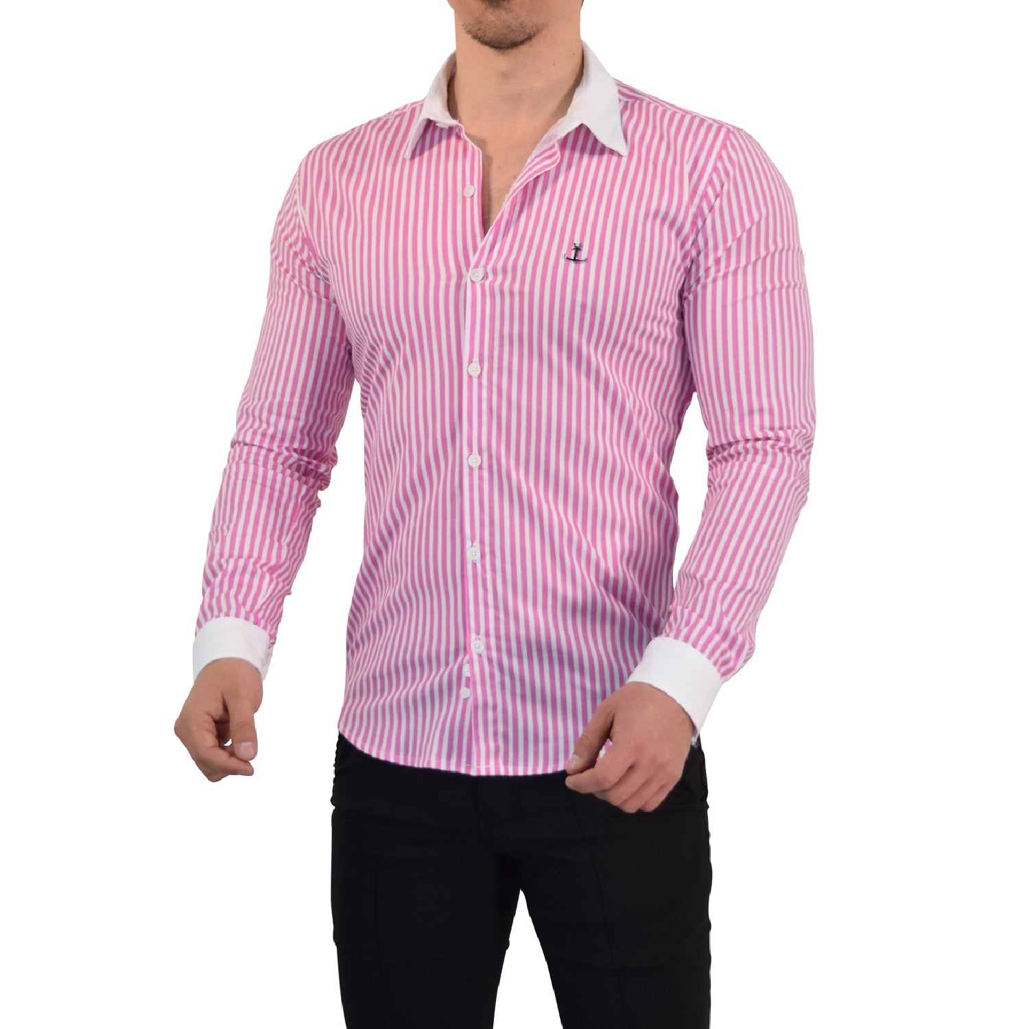 Camisa Slim White Collar Stripe Shirt Rosa