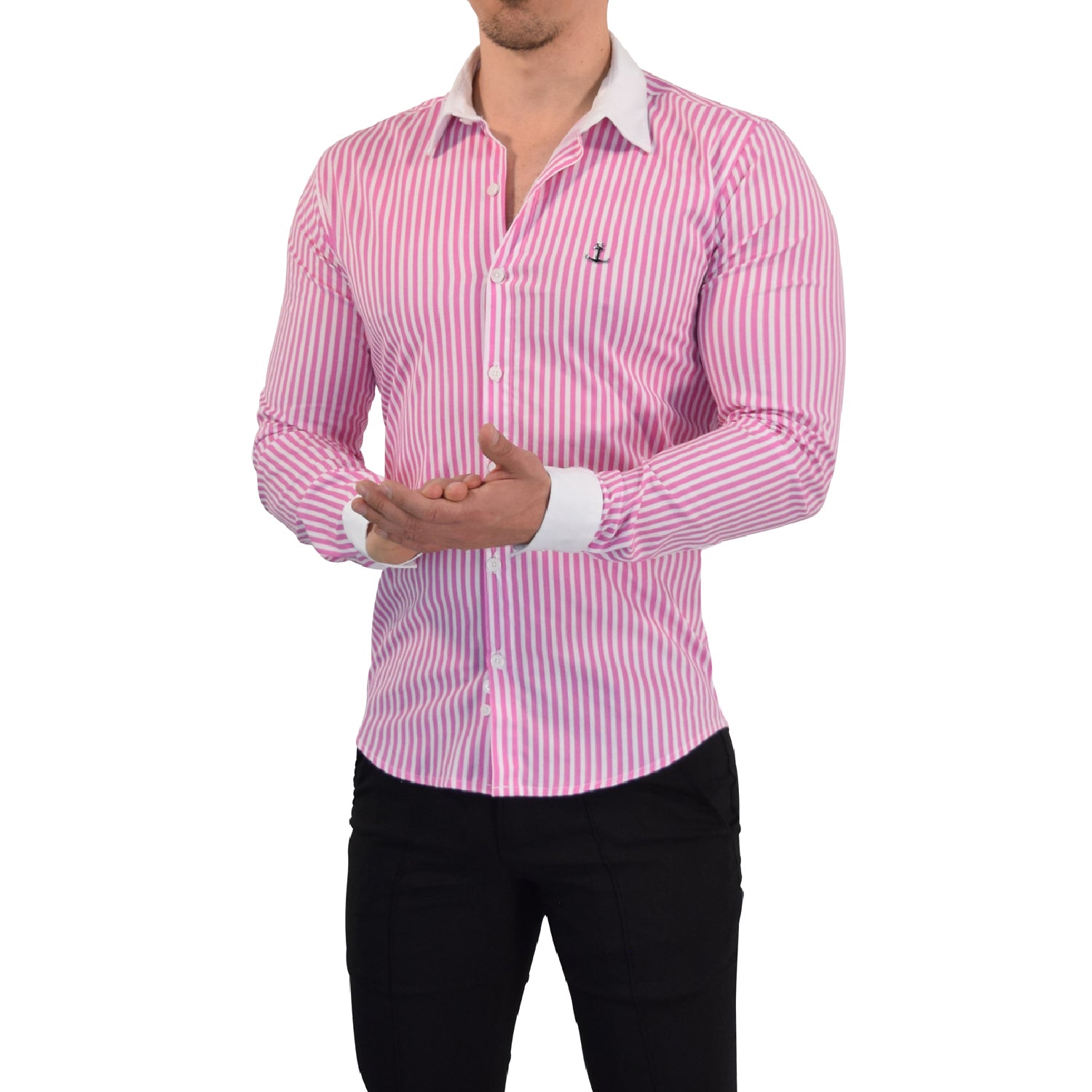 Camisa Slim White Collar Stripe Shirt Rosa