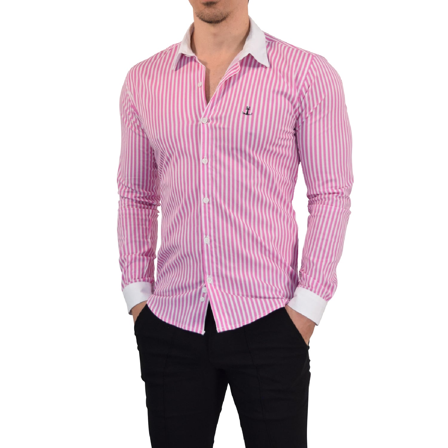 Camisa Slim White Collar Stripe Shirt Rosa
