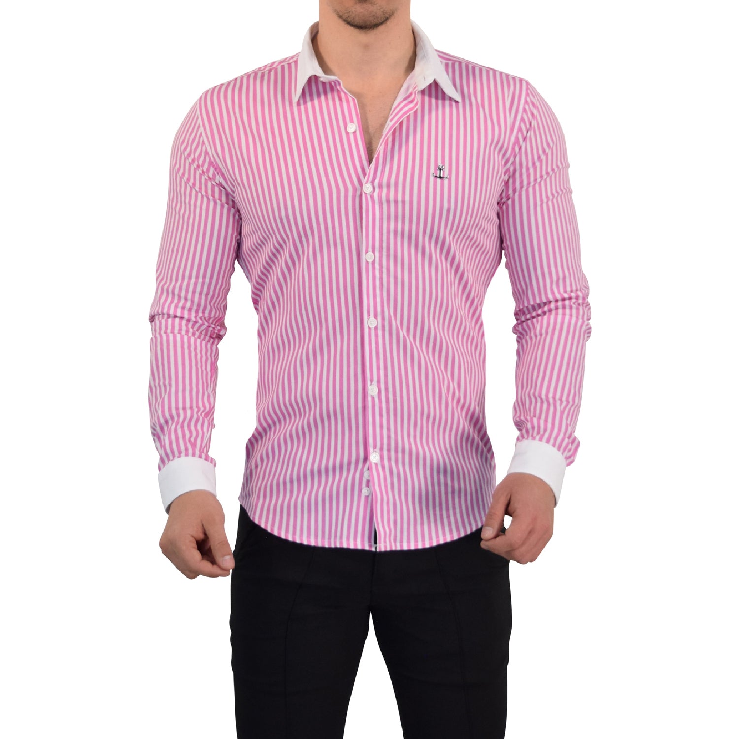 Camisa Slim White Collar Stripe Shirt Rosa