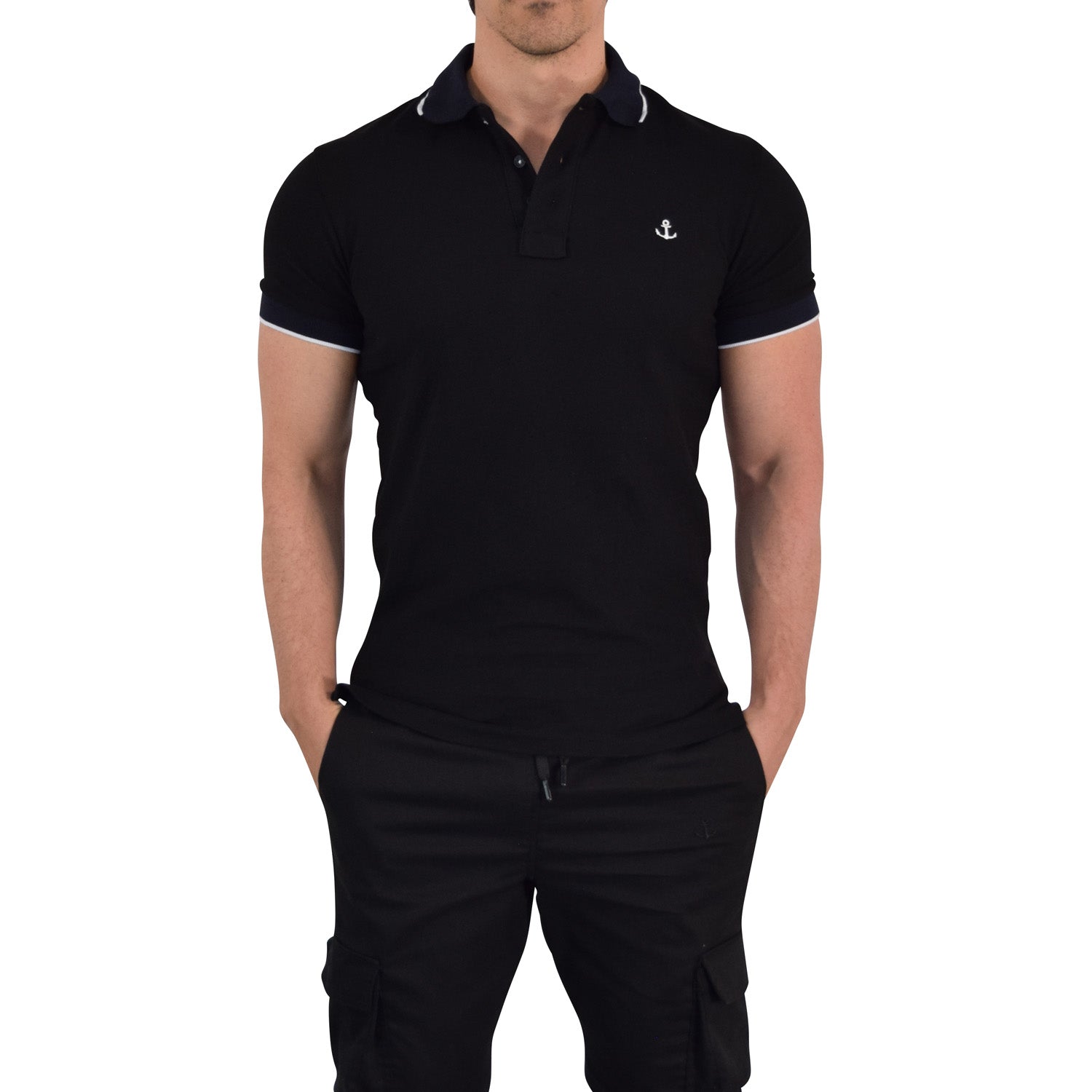Polo Marino Mangas Marino Filo Blanco Logo Blanco