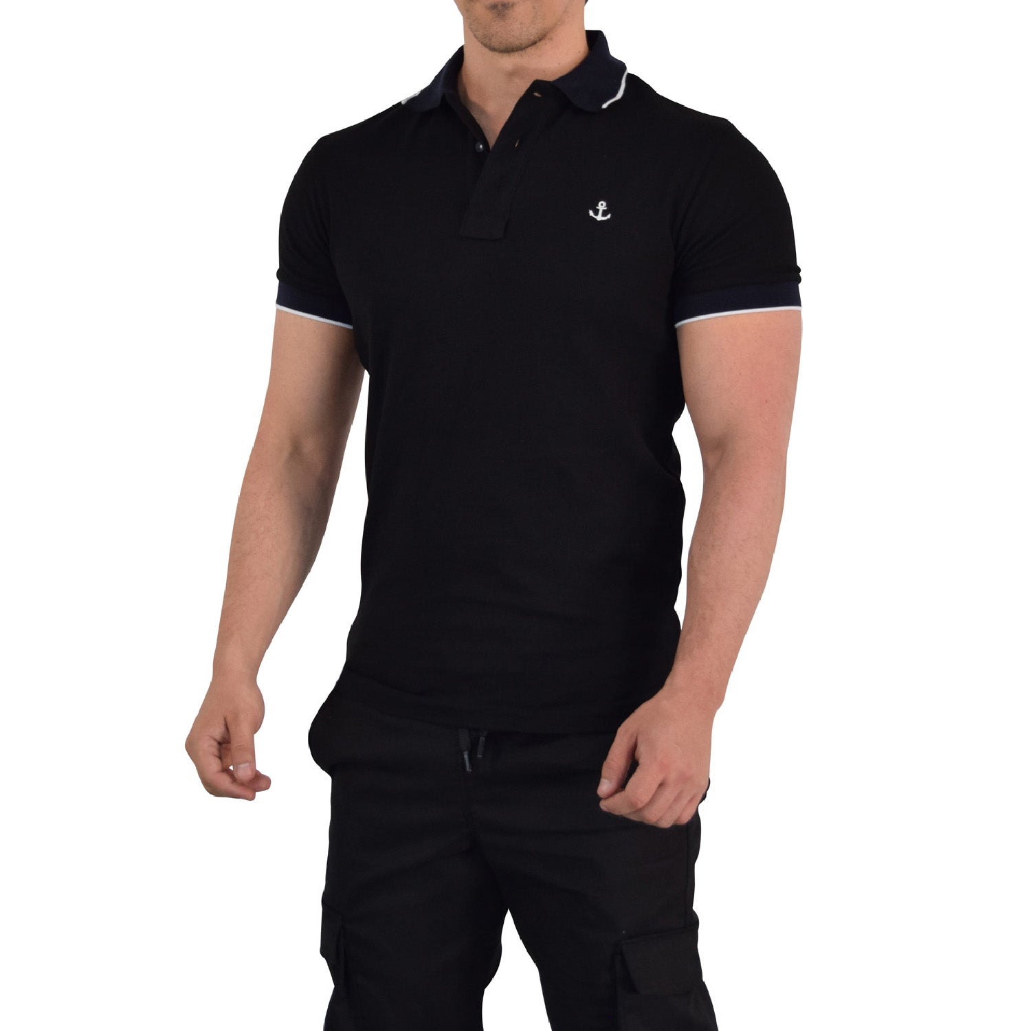 Polo Marino Mangas Marino Filo Blanco Logo Blanco