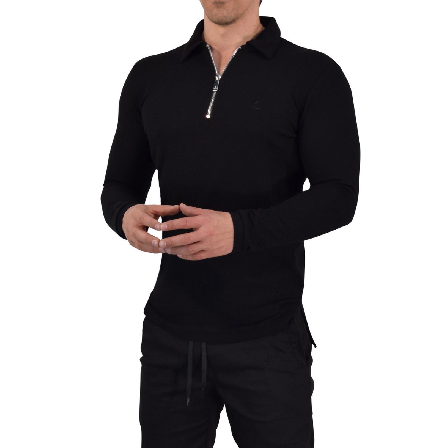 Zipped Polo Manga Larga Full Black