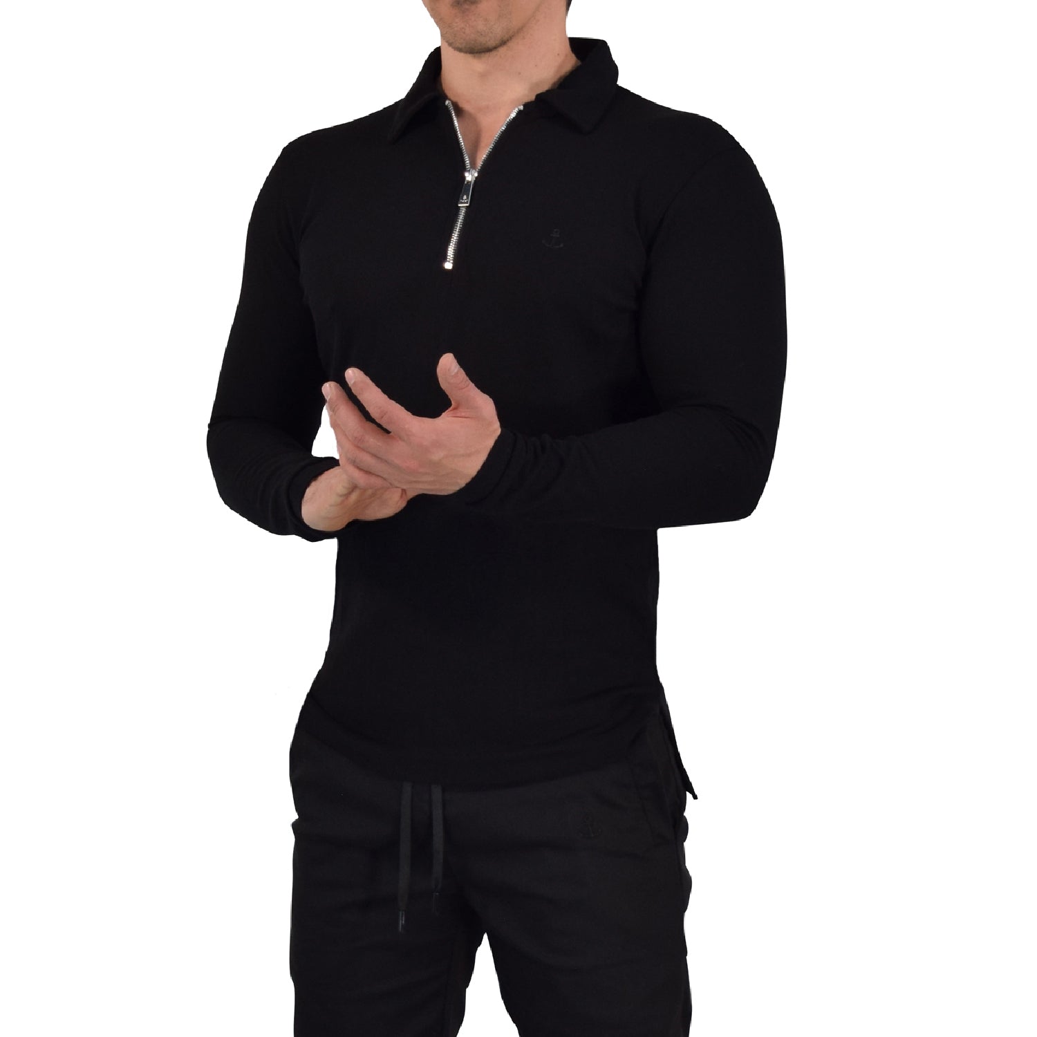 Zipped Polo Manga Larga Full Black
