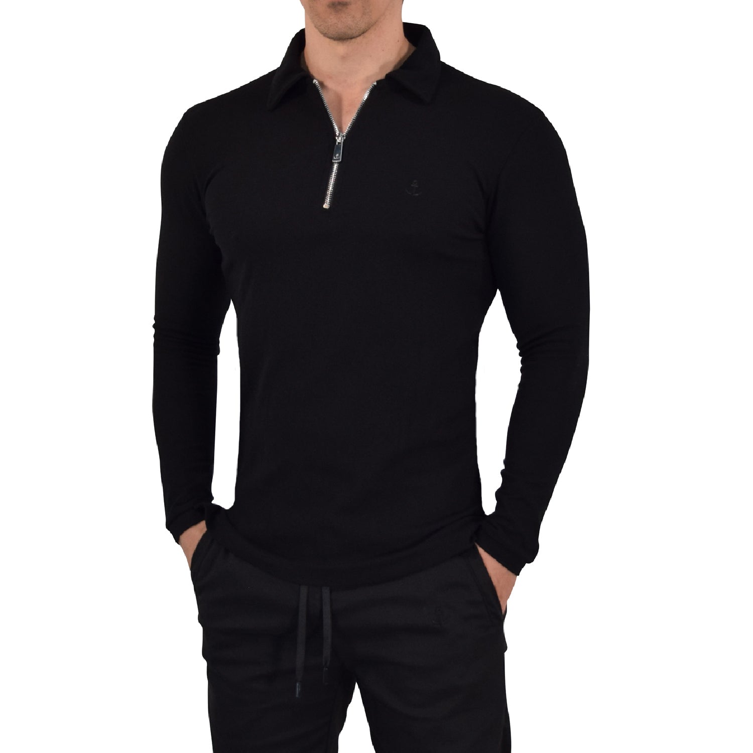 Zipped Polo Manga Larga Full Black