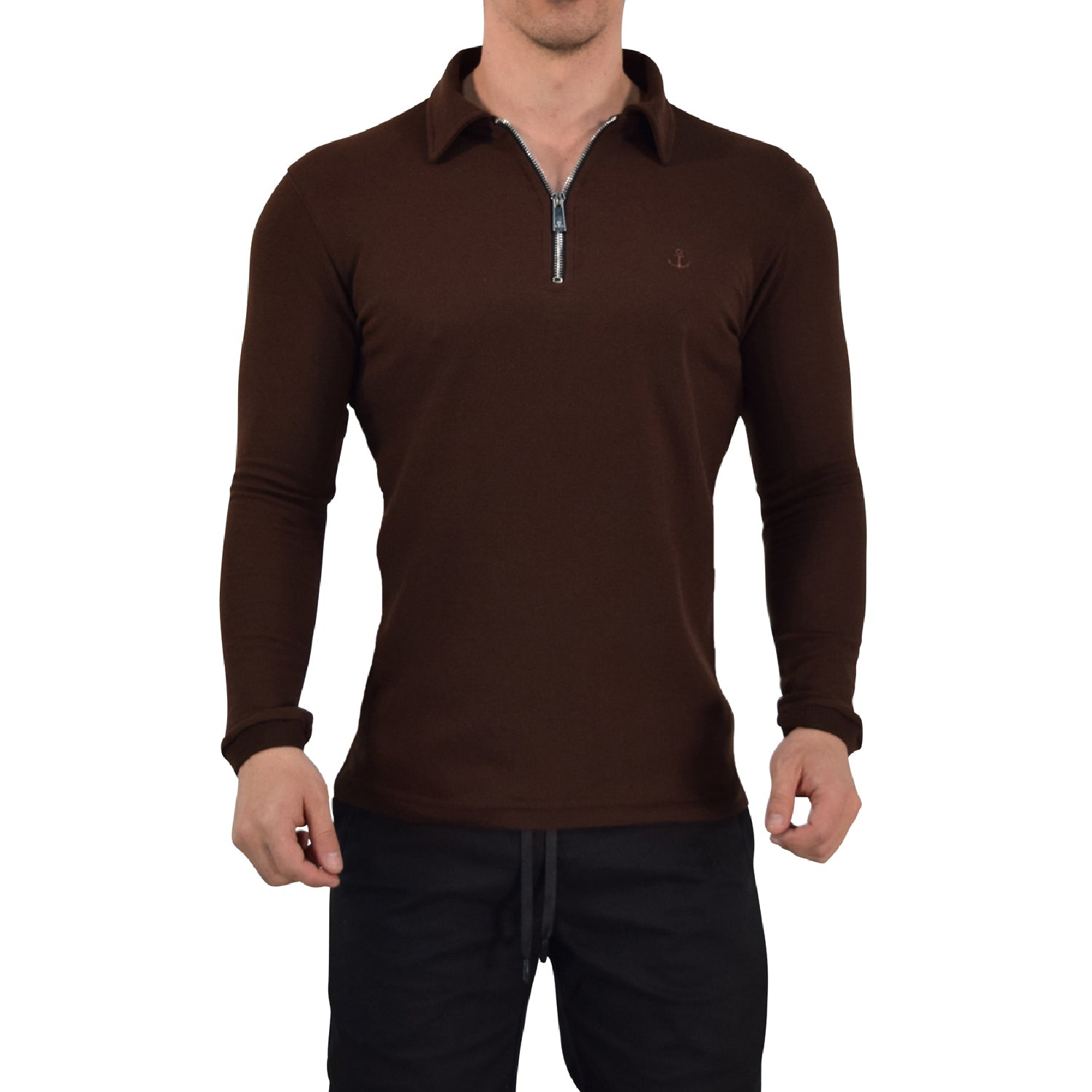 Zipped Polo Manga Larga Full Brown